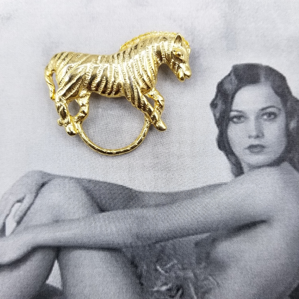 Vintage gold tone zebra scarf brooch